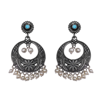 Sky Blue Stone Studded Beautiful Oxidised Earrings With Hanging Pearls