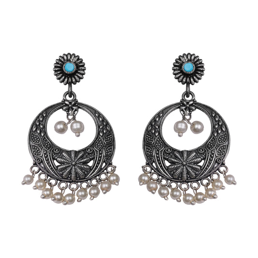 Sky Blue Stone Studded Beautiful Oxidised Earrings With Hanging Pearls