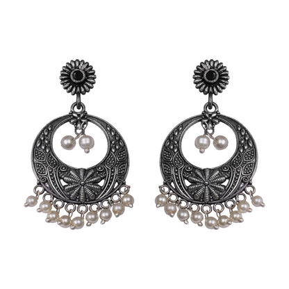 Black Stone Studded Beautiful Oxidised Earrings With Hanging Pearls