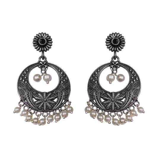 Black Stone Studded Beautiful Oxidised Earrings With Hanging Pearls