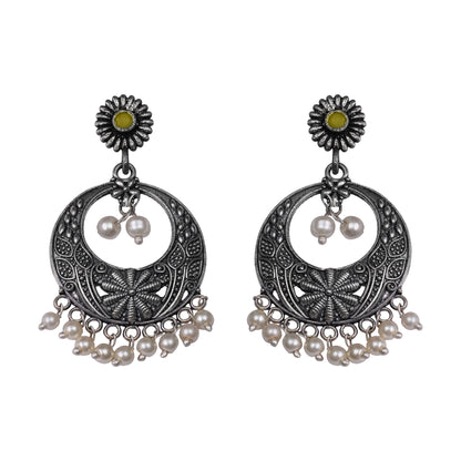 Yellow Stone Studded Beautiful Oxidised Earrings With Hanging Pearls