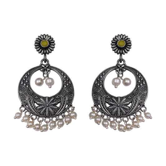 Yellow Stone Studded Beautiful Oxidised Earrings With Hanging Pearls