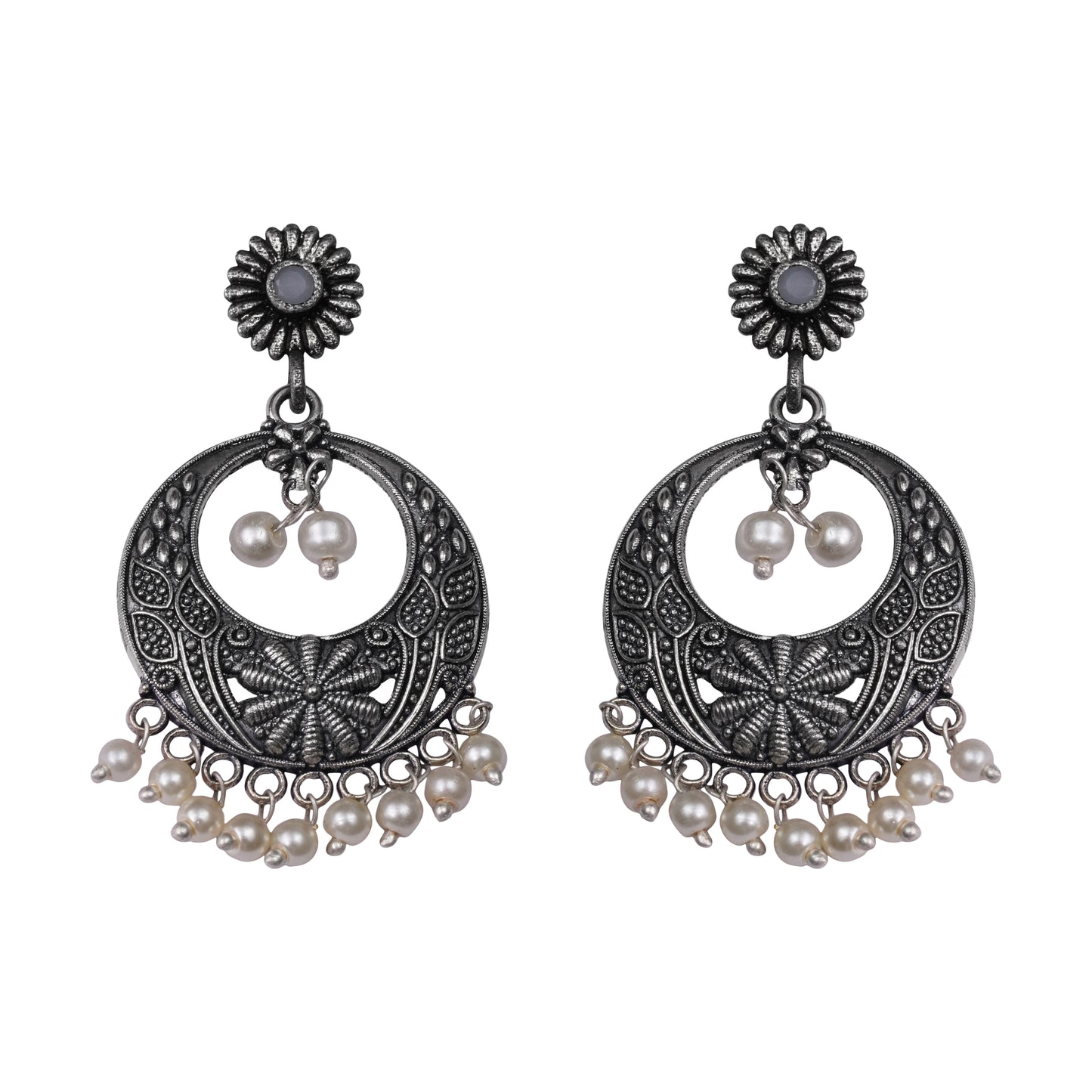 Grey Stone Studded Beautiful Oxidised Earrings With Hanging Pearls