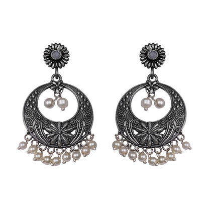 Grey Stone Studded Beautiful Oxidised Earrings With Hanging Pearls