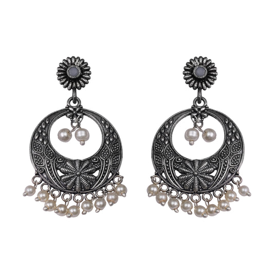 Grey Stone Studded Beautiful Oxidised Earrings With Hanging Pearls