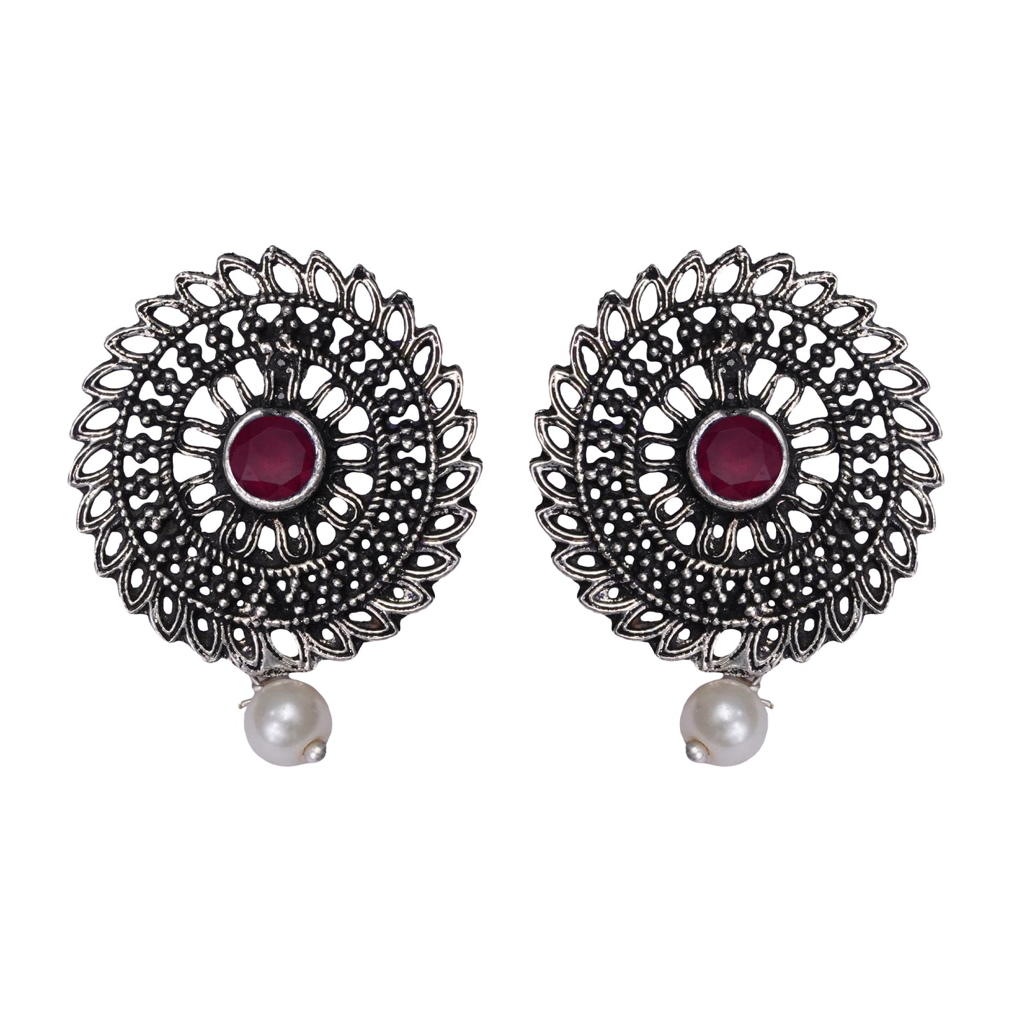 Red Stone Studded Beautiful Oxidised Studs With Hanging Pearl