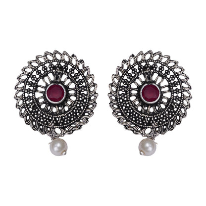 Red Stone Studded Beautiful Oxidised Studs With Hanging Pearl