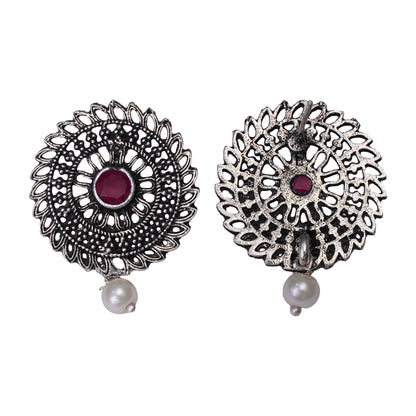 Red Stone Studded Beautiful Oxidised Studs With Hanging Pearl