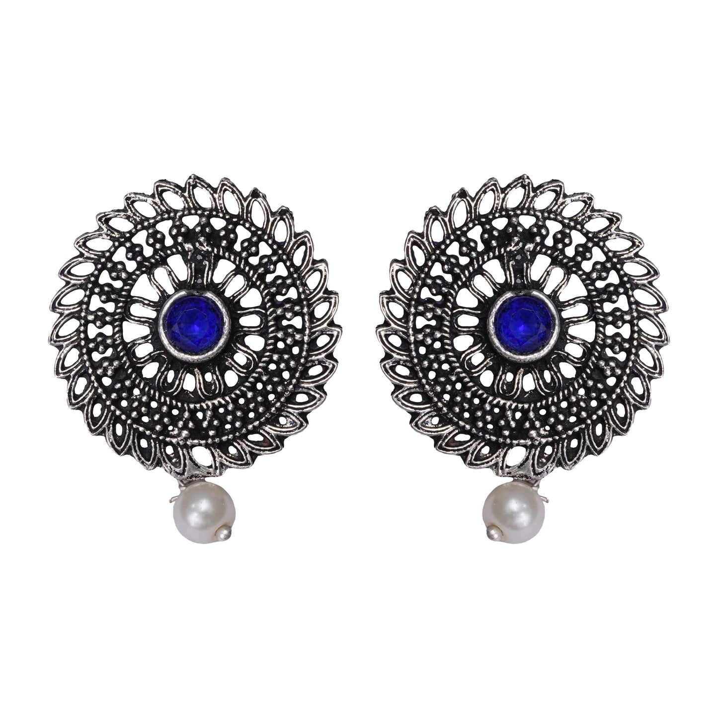 Blue Stone Studded Beautiful Oxidised Studs With Hanging Pearl