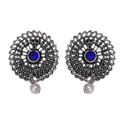 Blue Stone Studded Beautiful Oxidised Studs With Hanging Pearl