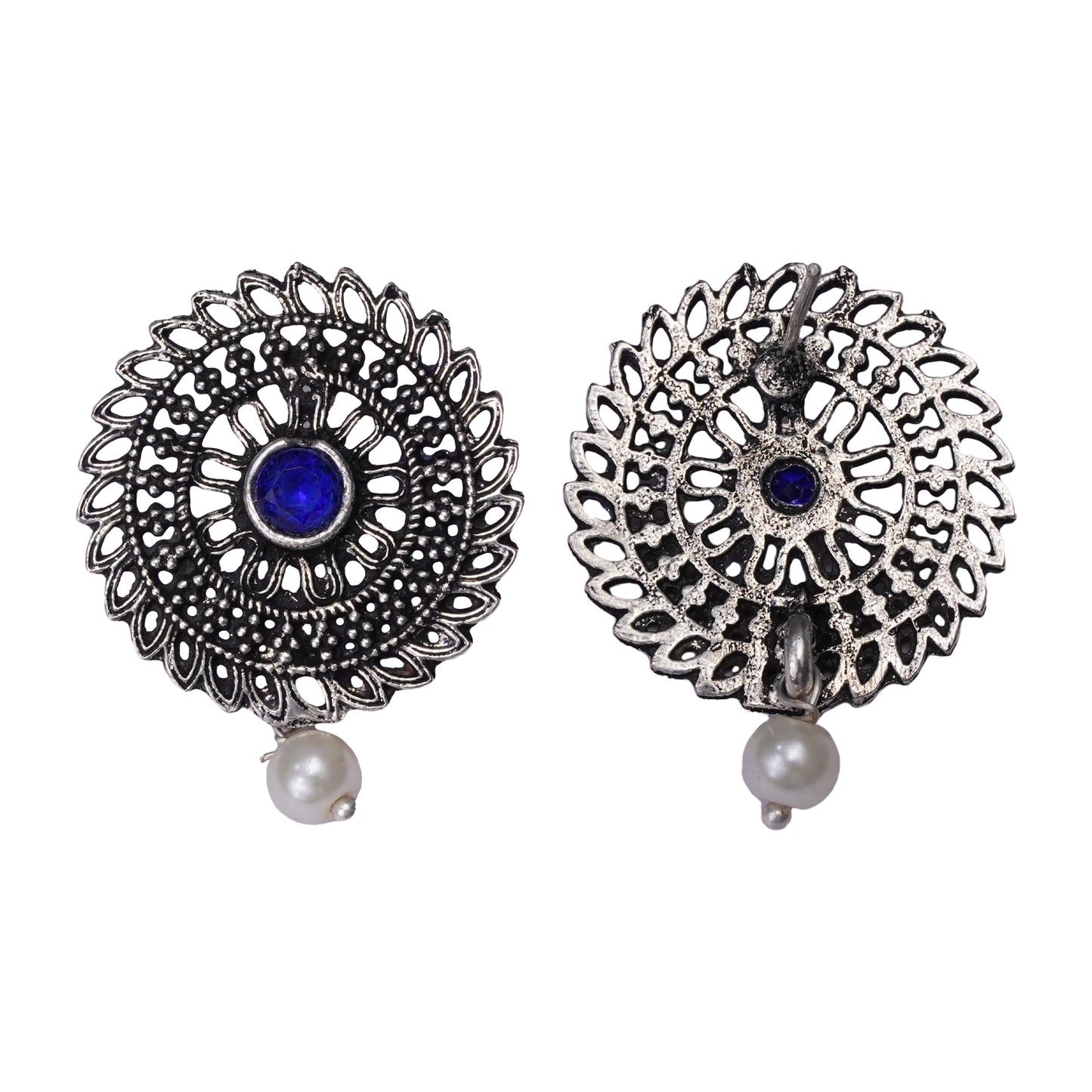 Blue Stone Studded Beautiful Oxidised Studs With Hanging Pearl