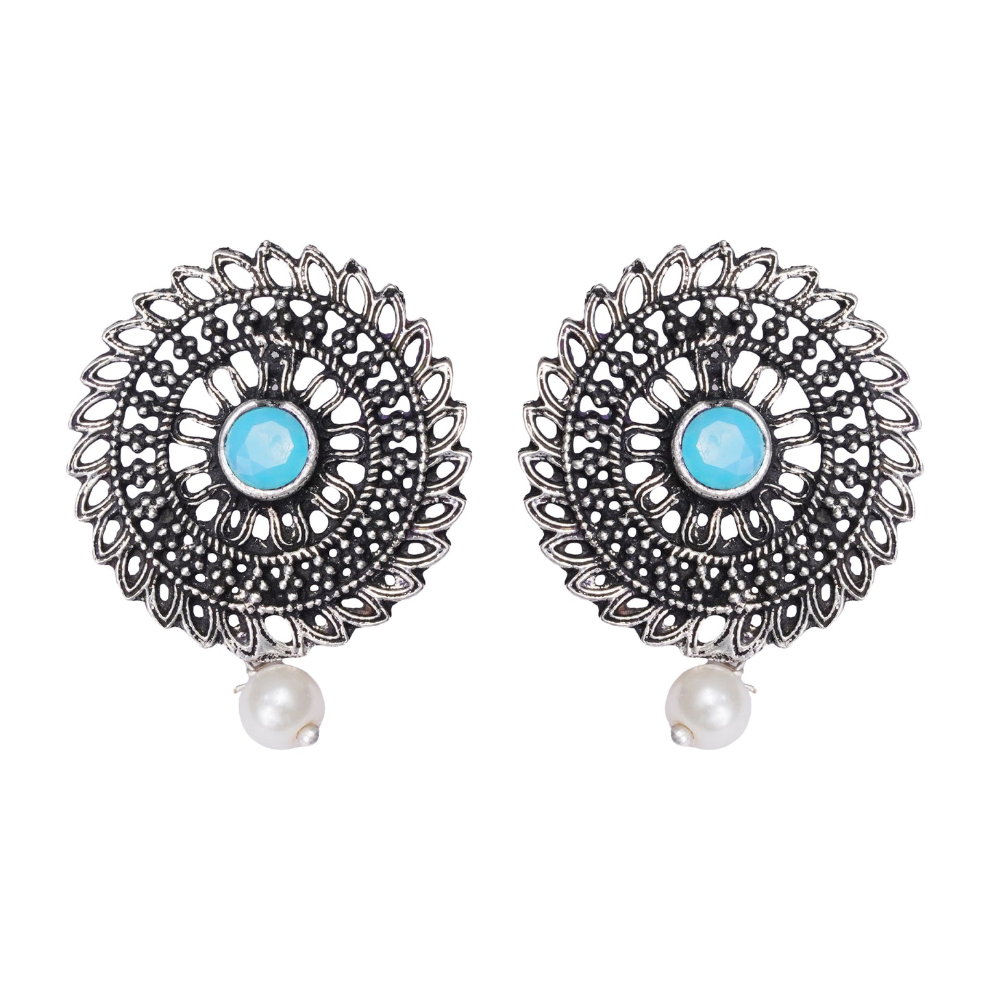 Sky Blue Stone Studded Beautiful Oxidised Studs With Hanging Pearl