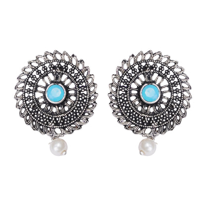 Sky Blue Stone Studded Beautiful Oxidised Studs With Hanging Pearl