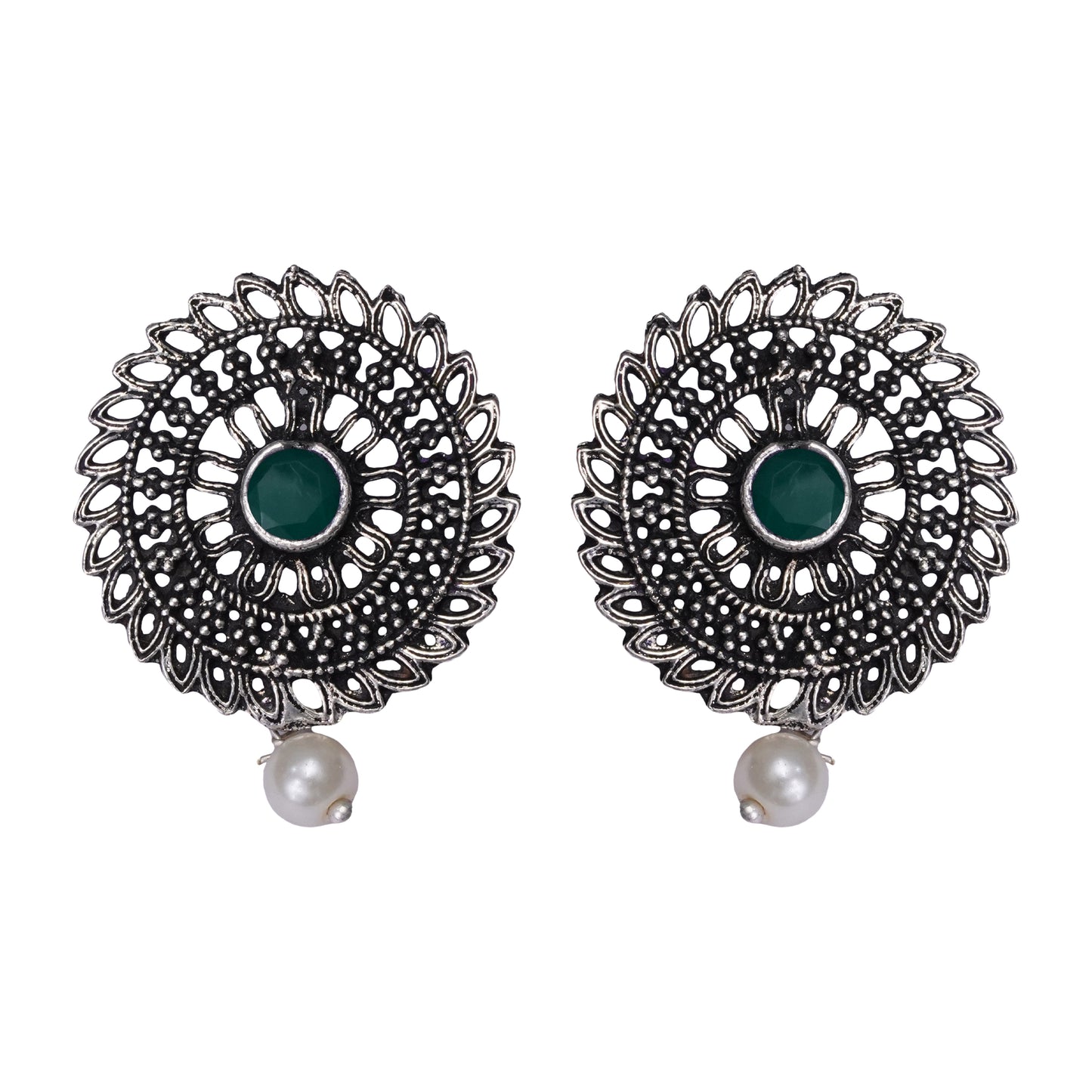 Green Stone Studded Beautiful Oxidised Studs With Hanging Pearl