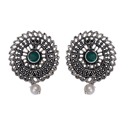 Green Stone Studded Beautiful Oxidised Studs With Hanging Pearl