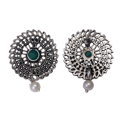 Green Stone Studded Beautiful Oxidised Studs With Hanging Pearl