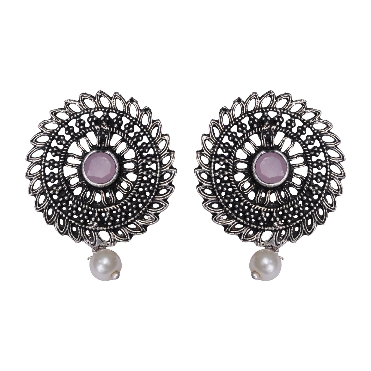 Baby Pink Stone Studded Beautiful Oxidised Studs With Hanging Pearl