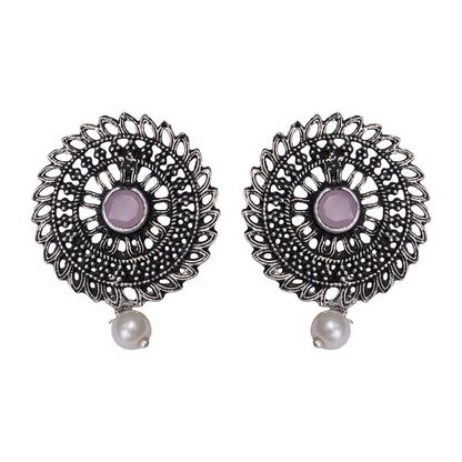 Baby Pink Stone Studded Beautiful Oxidised Studs With Hanging Pearl