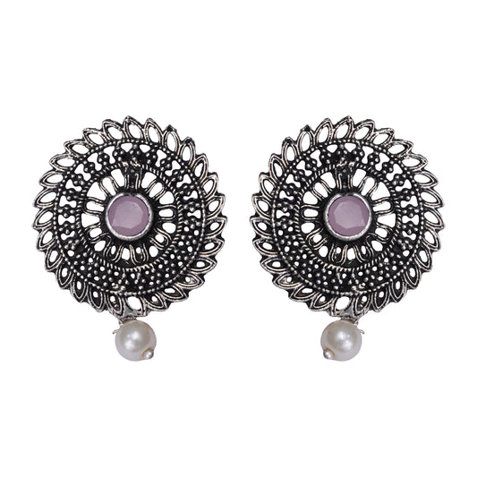 Baby Pink Stone Studded Beautiful Oxidised Studs With Hanging Pearl