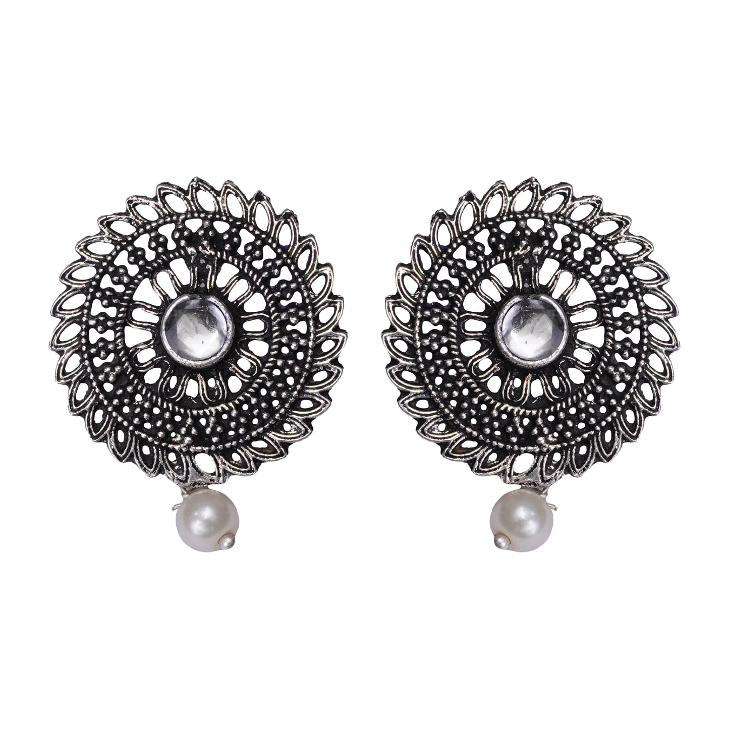 White Stone Studded Beautiful Oxidised Studs With Hanging Pearl