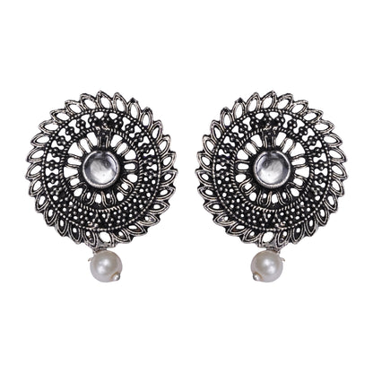 White Stone Studded Beautiful Oxidised Studs With Hanging Pearl
