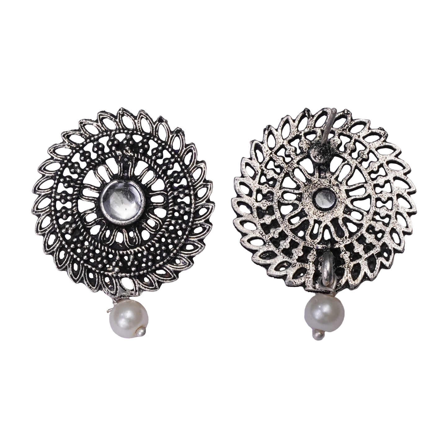 White Stone Studded Beautiful Oxidised Studs With Hanging Pearl