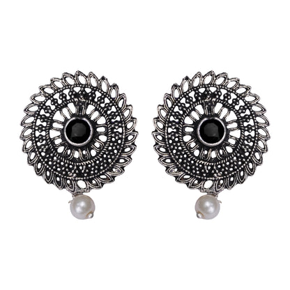 Black Stone Studded Beautiful Oxidised Studs With Hanging Pearl