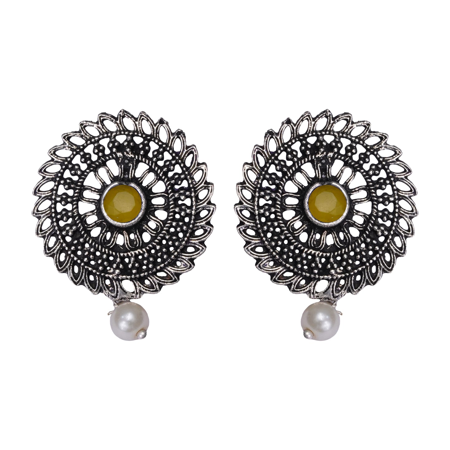 Yellow Stone Studded Beautiful Oxidised Studs With Hanging Pearl