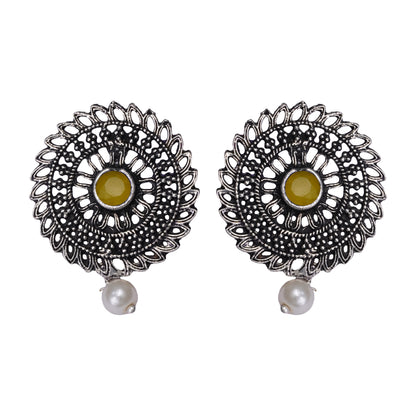 Yellow Stone Studded Beautiful Oxidised Studs With Hanging Pearl