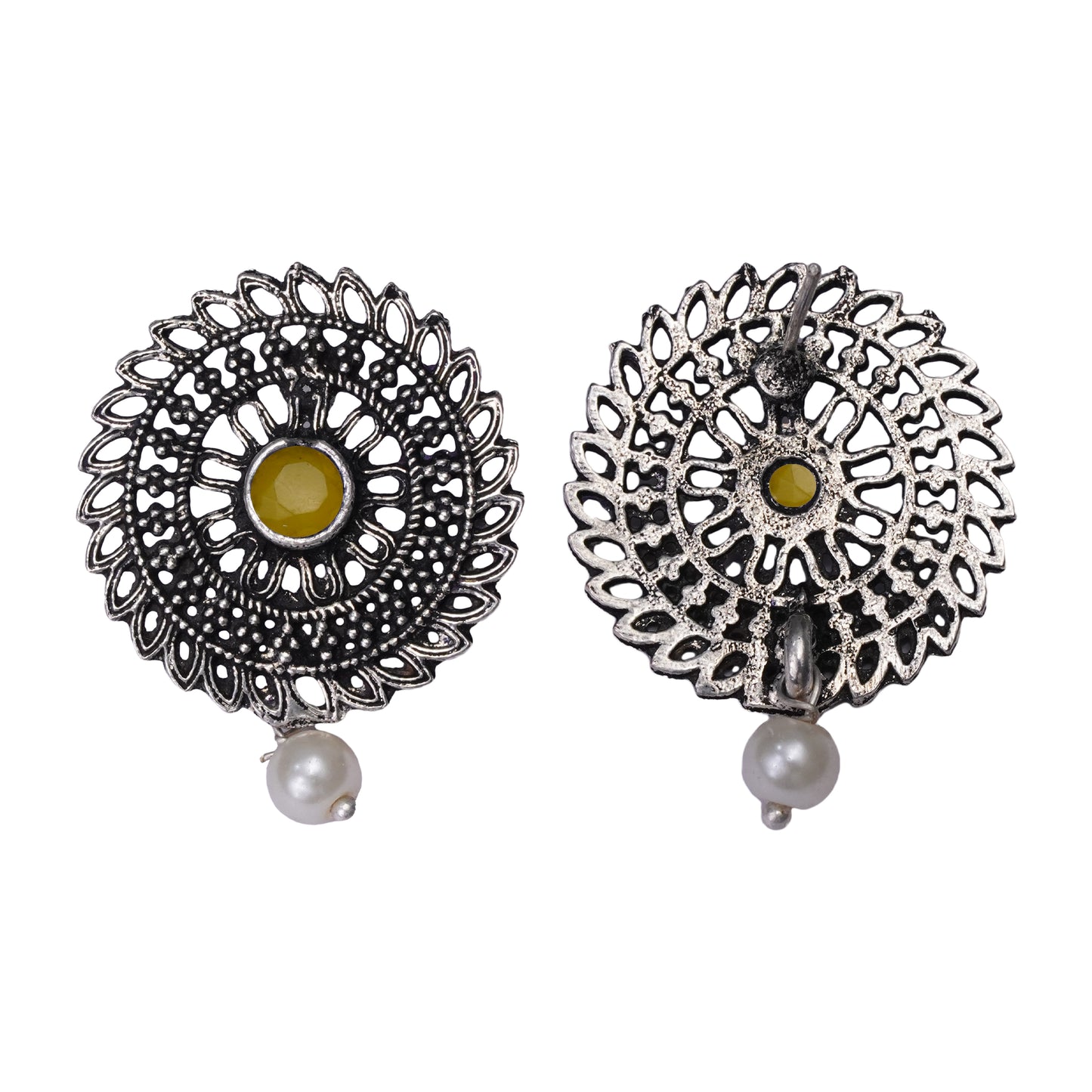 Yellow Stone Studded Beautiful Oxidised Studs With Hanging Pearl