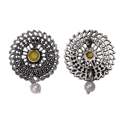 Yellow Stone Studded Beautiful Oxidised Studs With Hanging Pearl