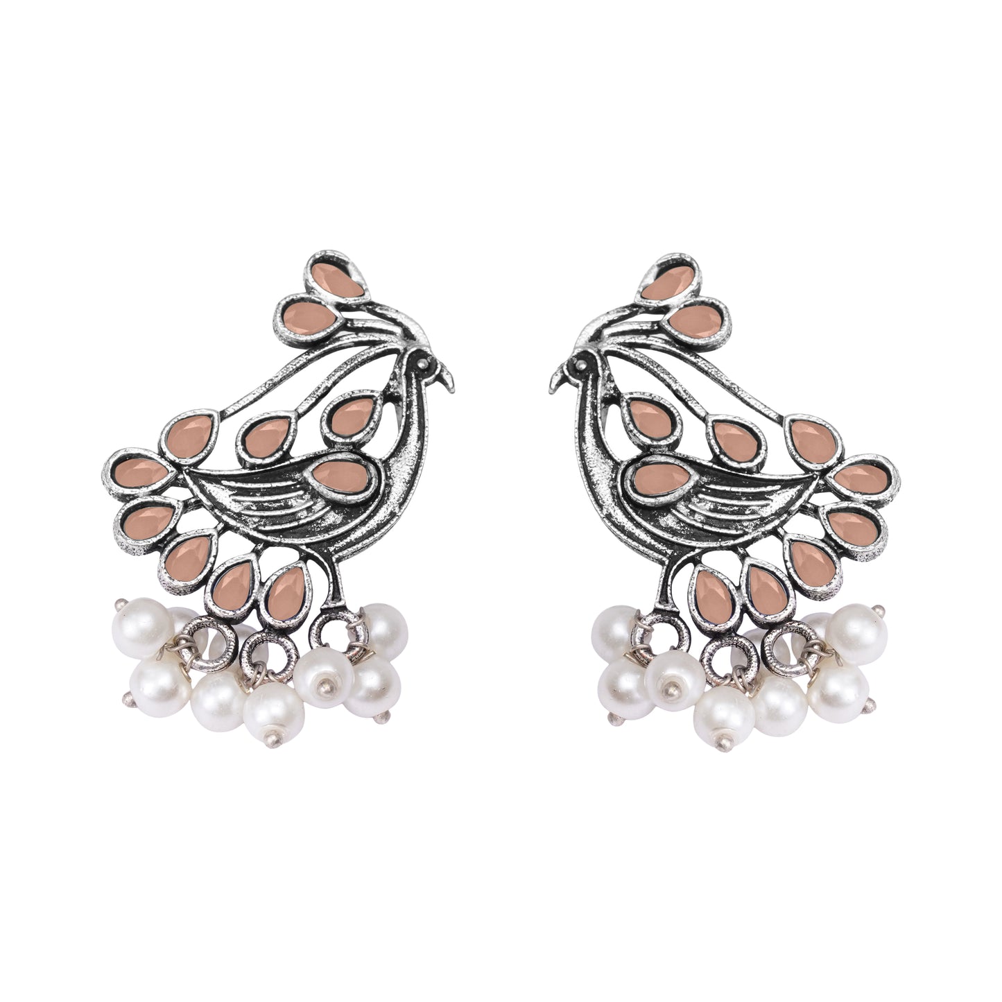 Light Orangish Stone Studded Peacock Earrings With Hanging Pearls