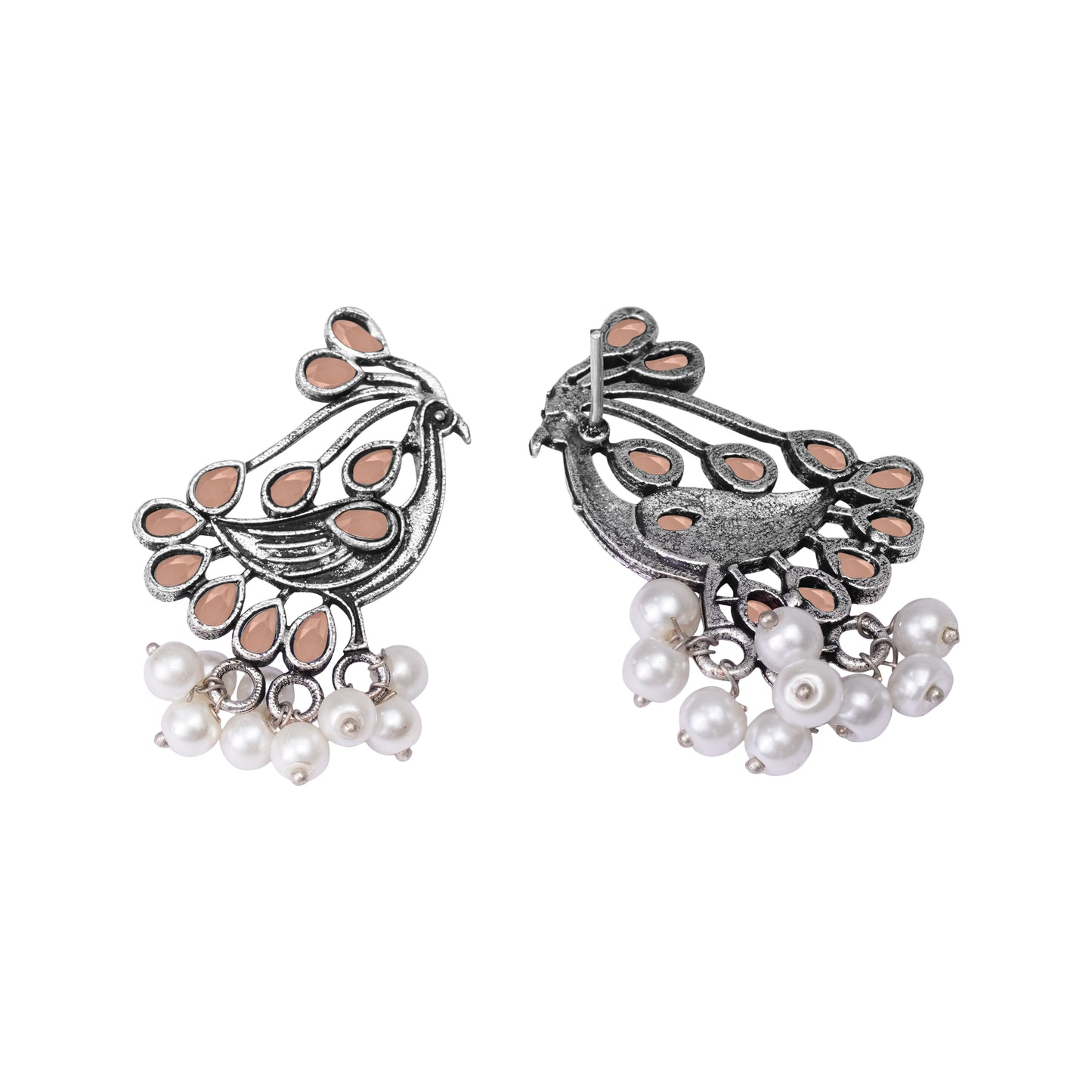 Light Orangish Stone Studded Peacock Earrings With Hanging Pearls