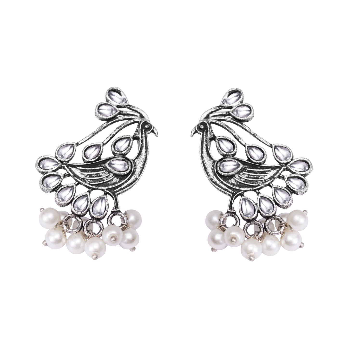 White Stone Studded Peacock Earrings With Hanging Pearls