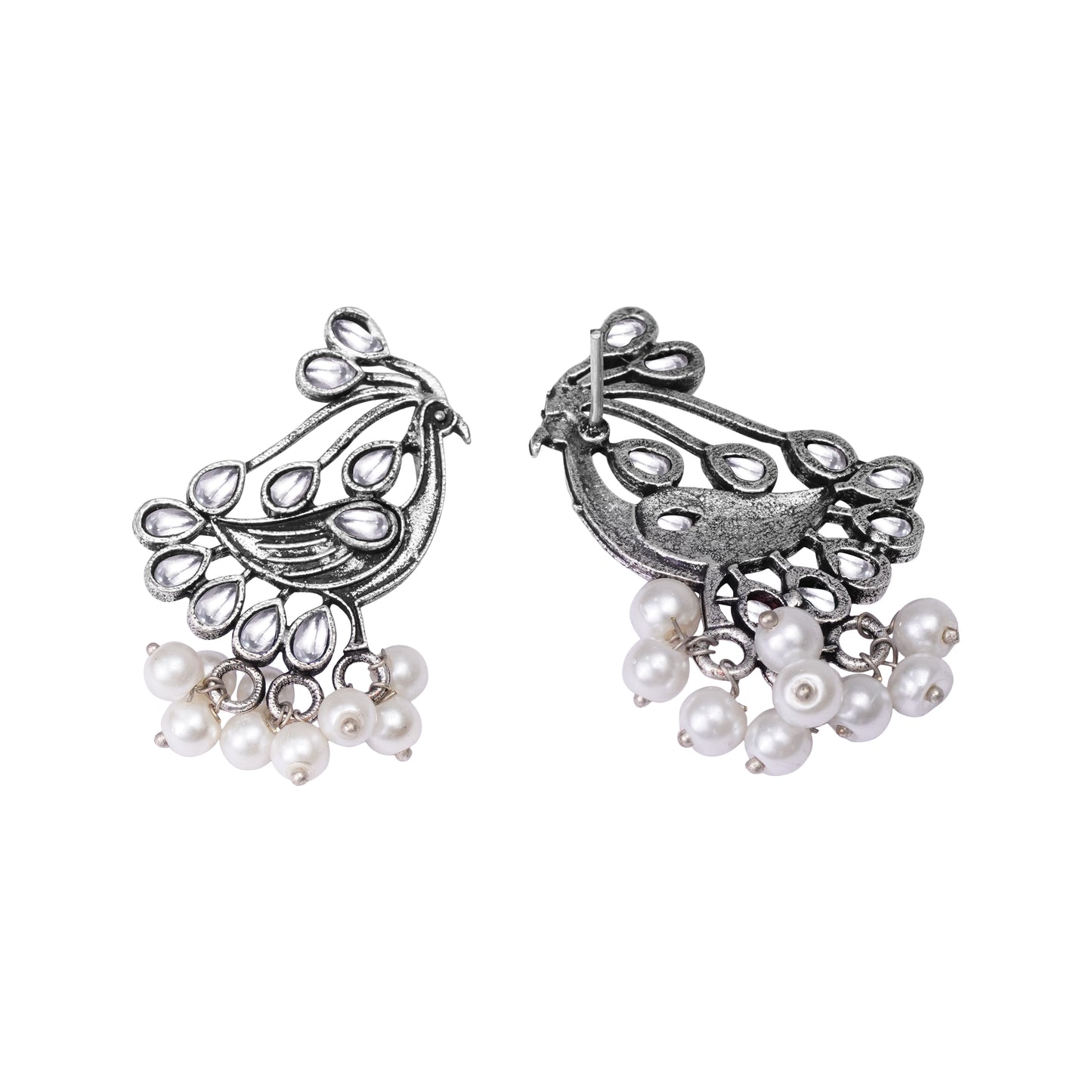 White Stone Studded Peacock Earrings With Hanging Pearls