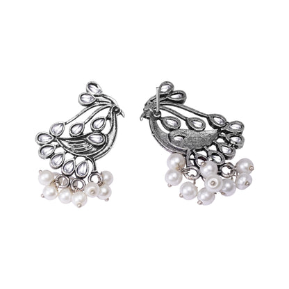 White Stone Studded Peacock Earrings With Hanging Pearls