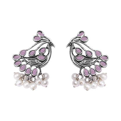 Baby Pink Stone Studded Peacock Earrings With Hanging Pearls