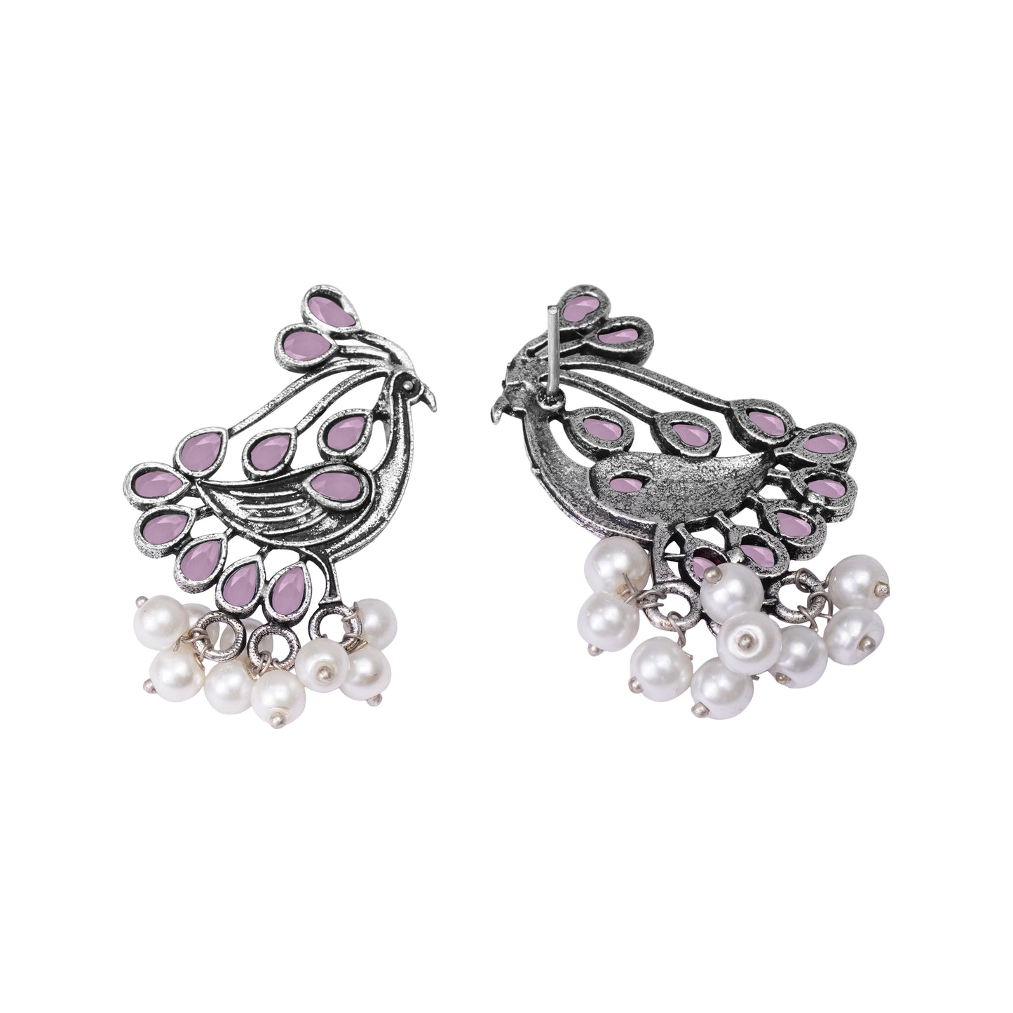 Baby Pink Stone Studded Peacock Earrings With Hanging Pearls