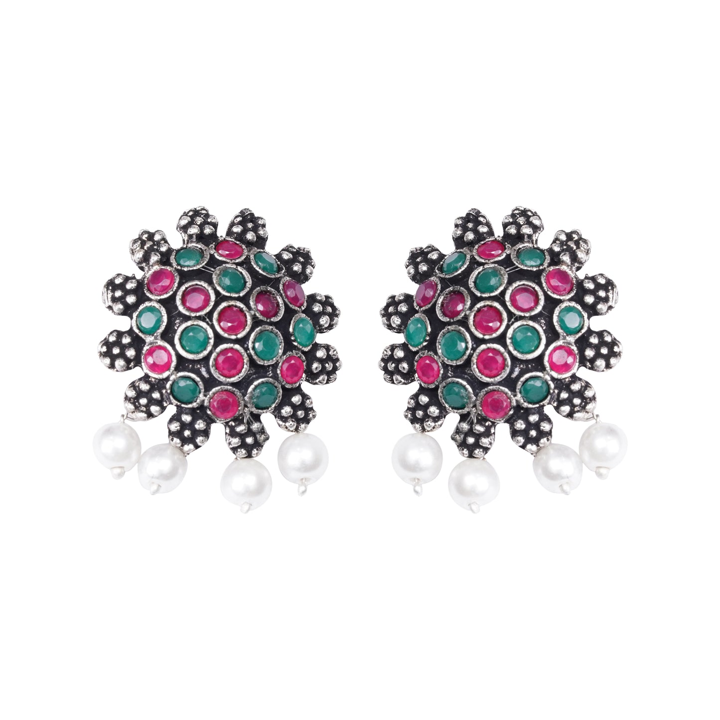 Multi Colored Stone Studded Oxidised Earrings With Hanging Pearls