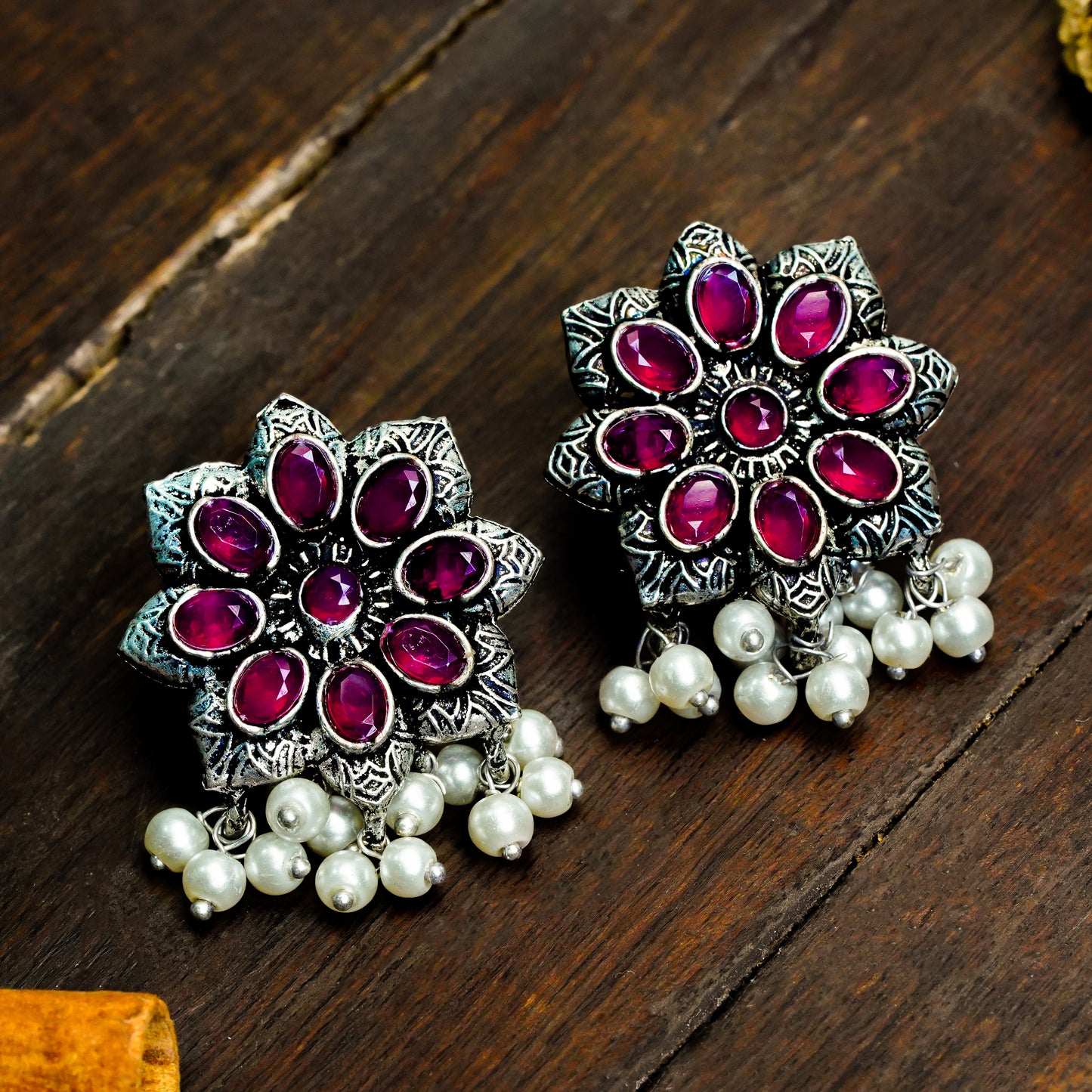 Red Stone Studded Oxidised Earrings With Hanging Pearls