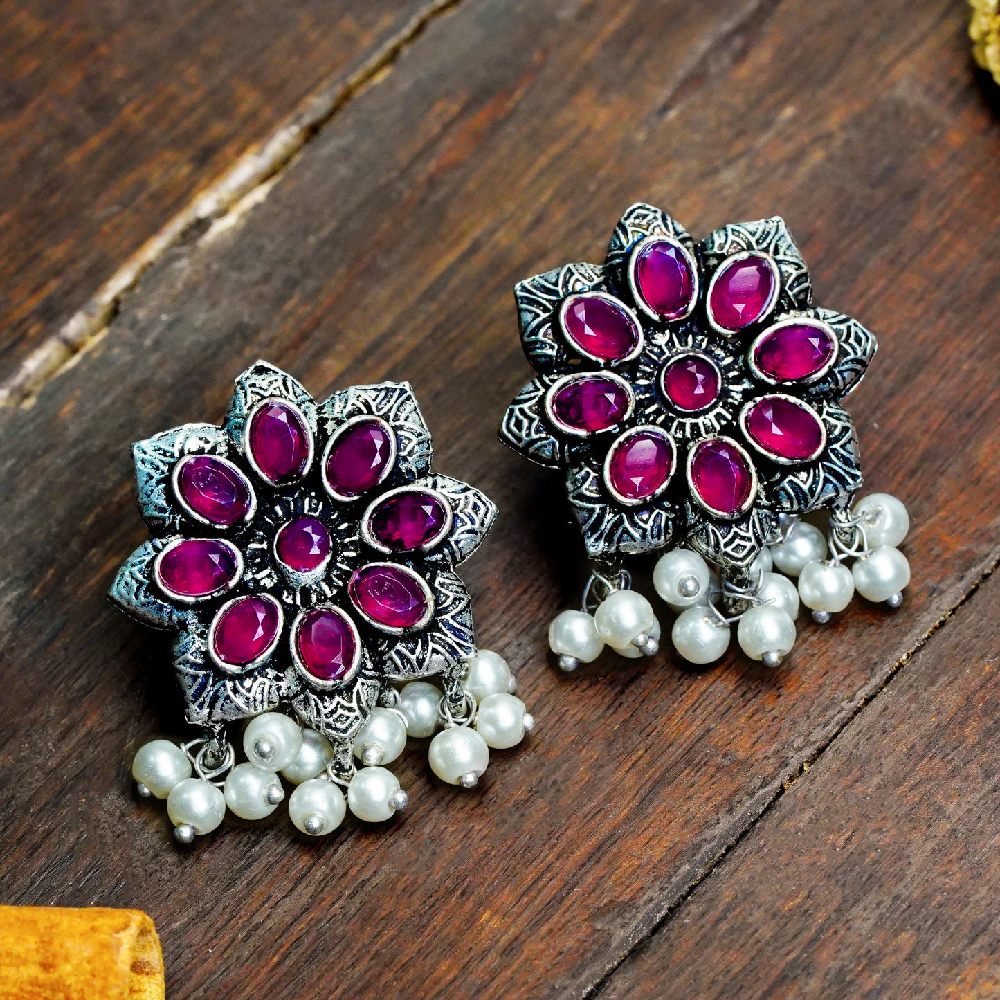 Red Stone Studded Oxidised Earrings With Hanging Pearls