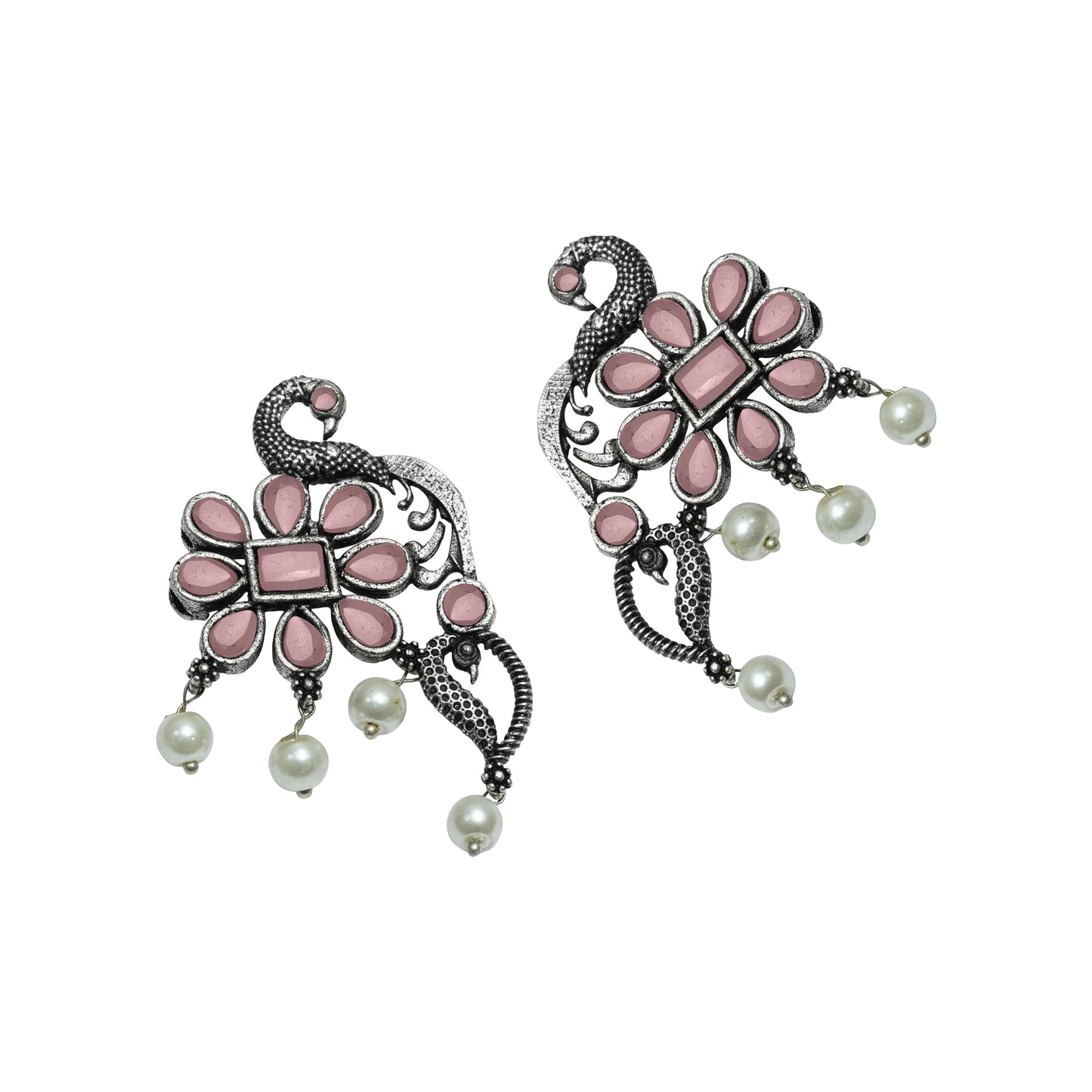 Baby Pink Stone Studded Peacock Motif Stud Earrings With Hanging Pearls