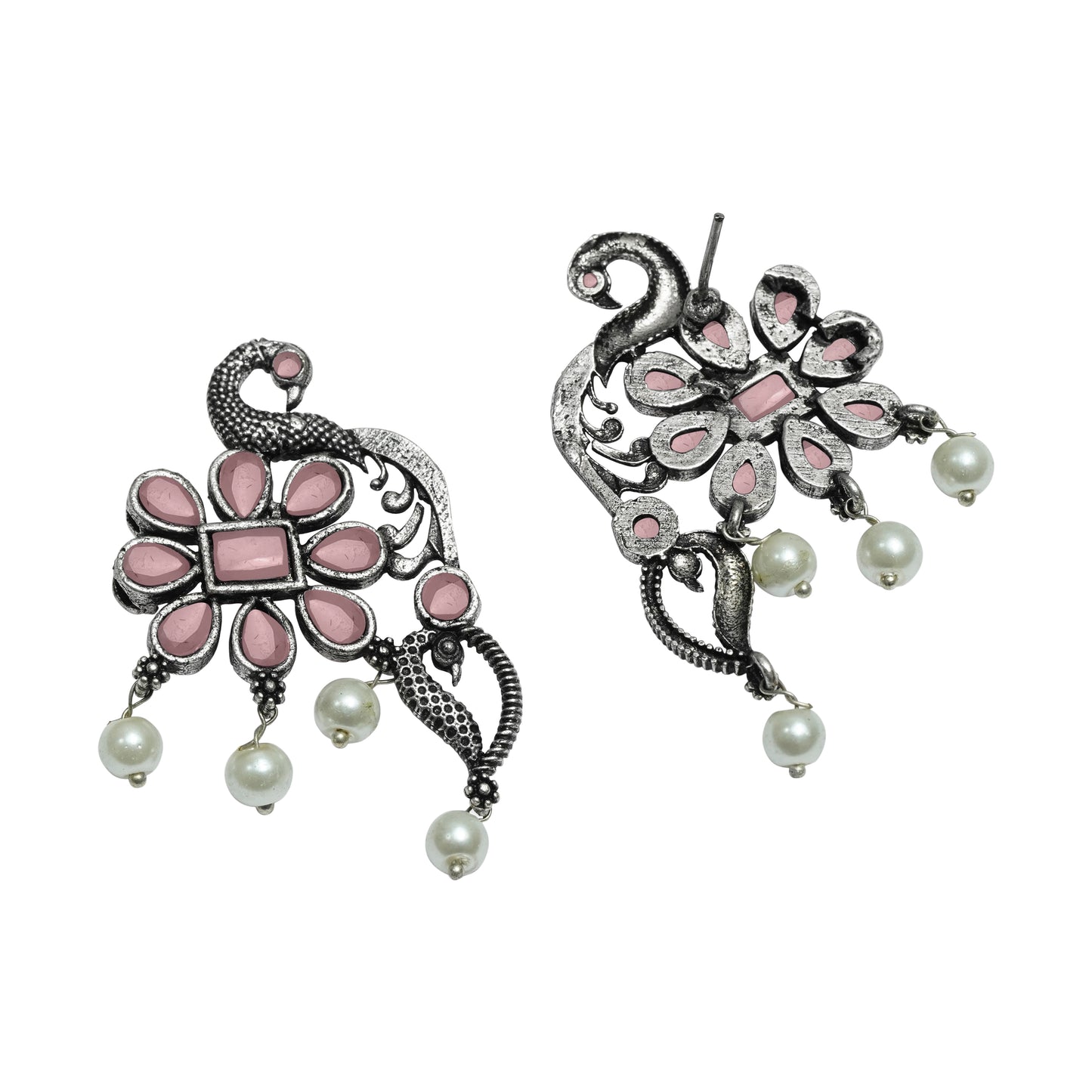 Baby Pink Stone Studded Peacock Motif Stud Earrings With Hanging Pearls