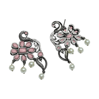 Baby Pink Stone Studded Peacock Motif Stud Earrings With Hanging Pearls