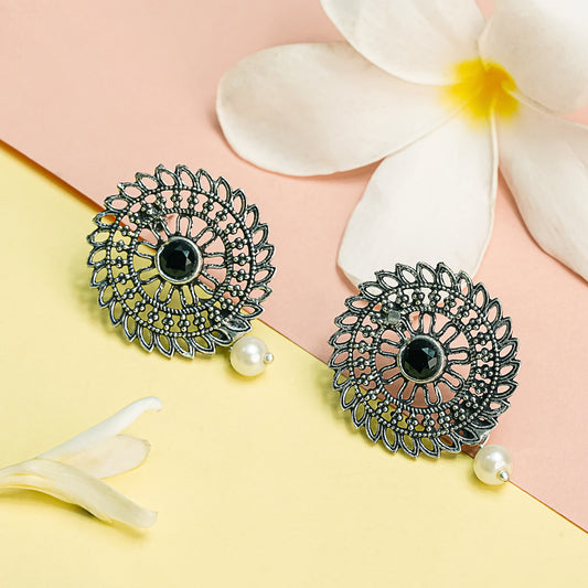 Black Stone Studded Beautiful Oxidised Studs With Hanging Pearl