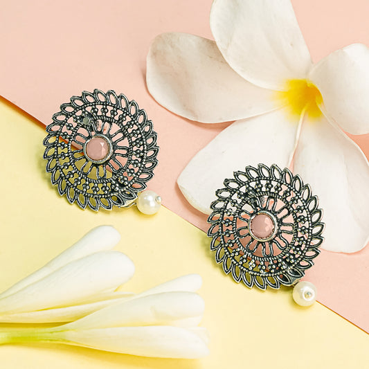 Light Orangish Stone Studded Beautiful Oxidised Studs With Hanging Pearl