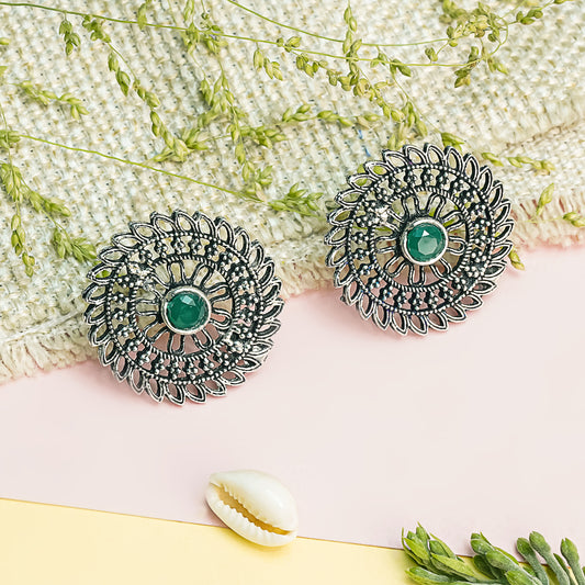 Green Stone Studded Beautiful Oxidised Studs
