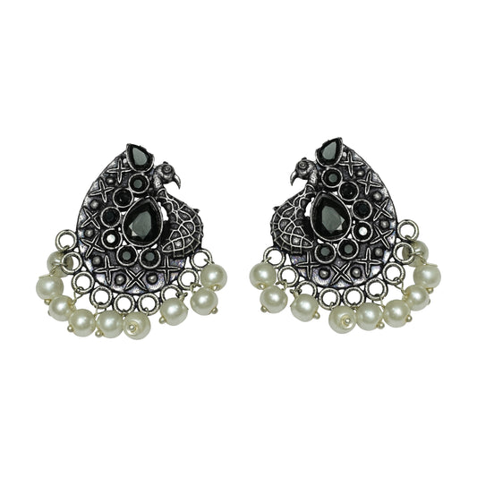 Peacock Profile Oxidised Studs with Hanging Pearls - Black