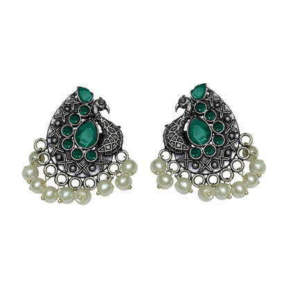 Peacock Profile Oxidised Studs with Hanging Pearls - Green