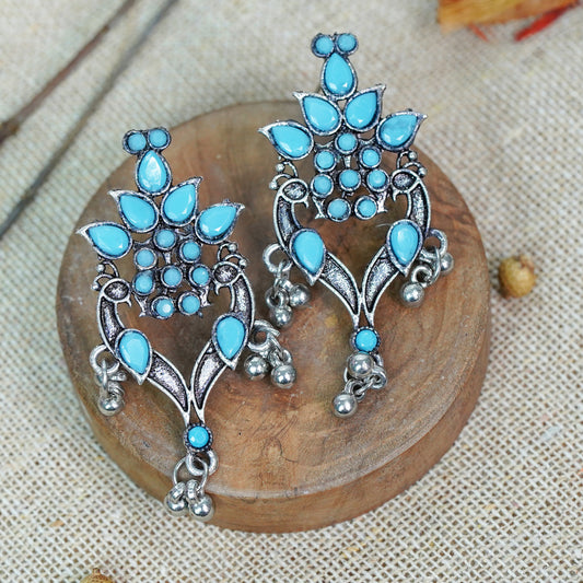 Sky Blue Stone Studded Oxidised Dangler Earrings